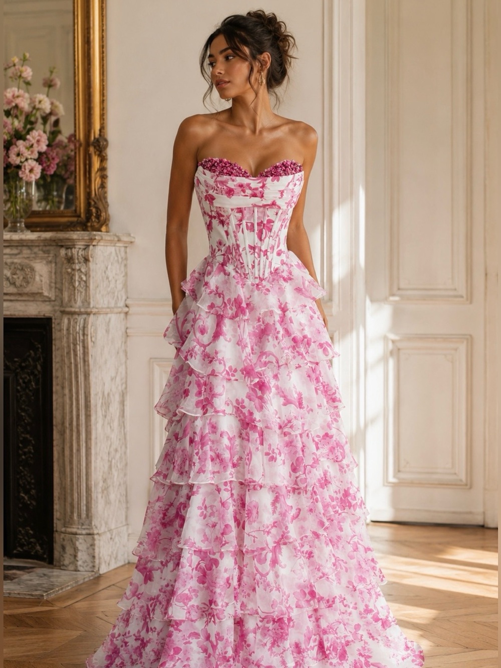 NWT Portia & Scarlett Strapless Pink Floral Tiered Ruffle Ball Gown